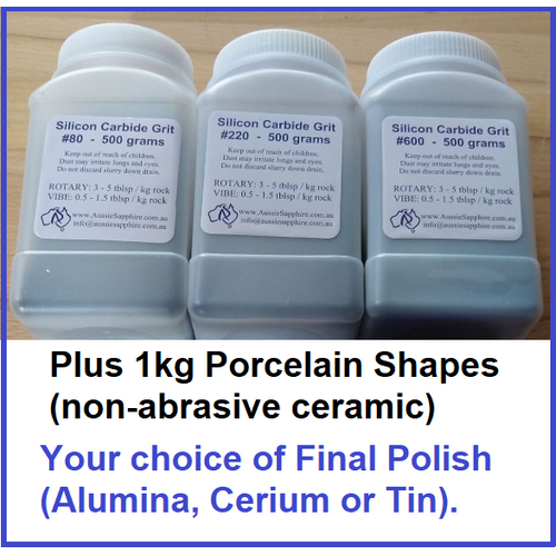 STARTER KIT 4: Rotary Tumbler Grit Kit, #80, #220, #600, Polish & Ceramics